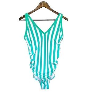 NEW Kona Sol Turquoise and White Striped One Piece Swimsuit Size 14W V Neck